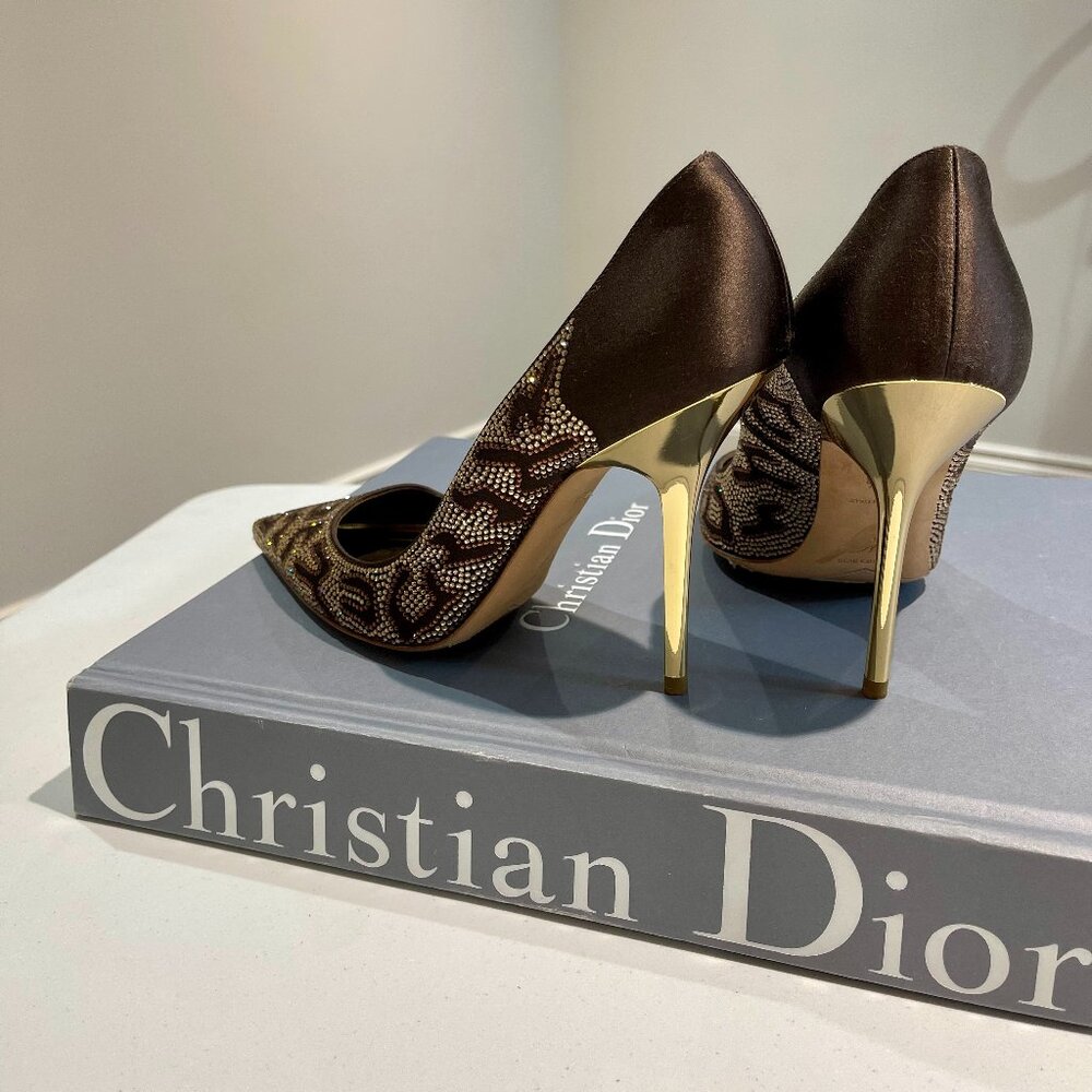 Rene Caovilla Gold & Brown Crystal-Embellished Satin Pointed-Toe High Heels 39.5